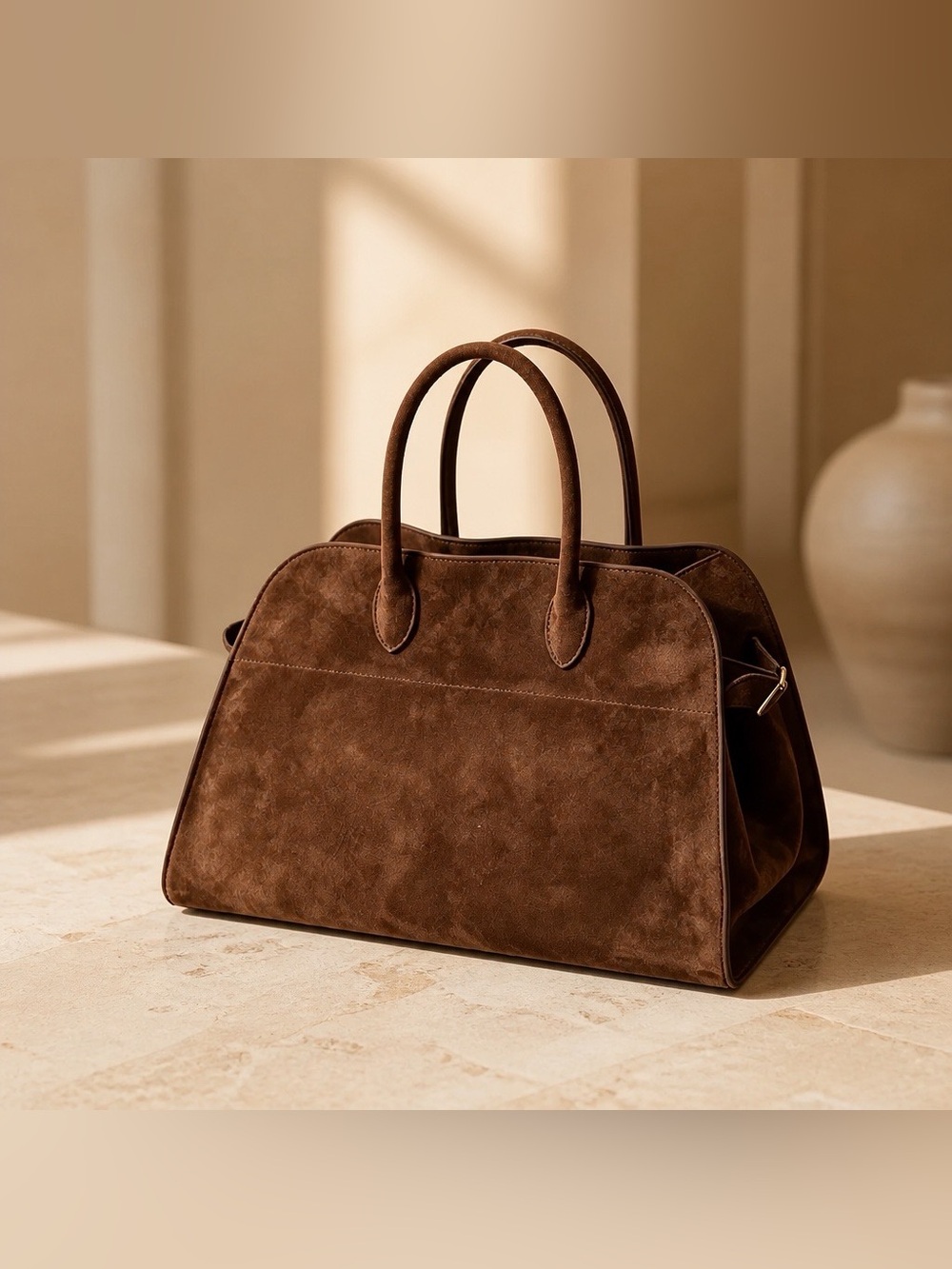 Brown Top Handle Suede Satchel Handbag w/Buckle Detail Gold Hardware Zip Pocket